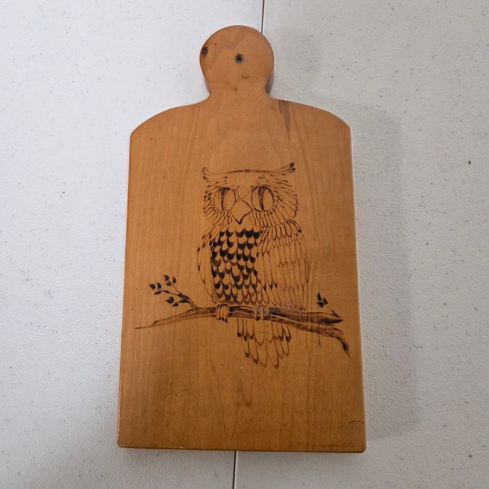 Vintage Wood Burned Owl Cutting Board Rustic Handcrafted Cheese Tray 10.5 Inch